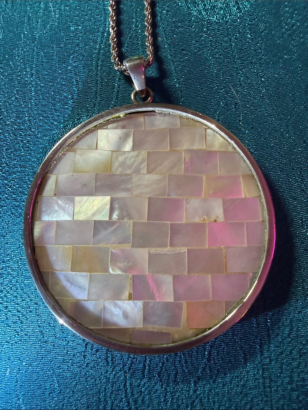 Sterling, silver and Iridescent Mother of Pearl Round mosaic Pendant Necklace